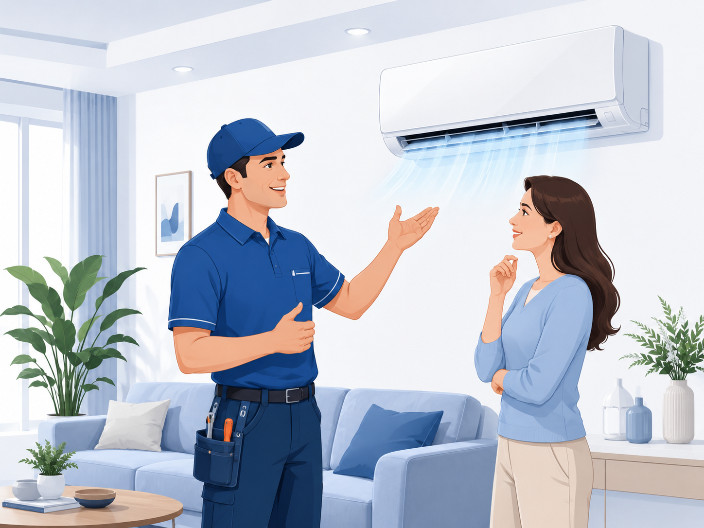 Technicien expliquant le fonctionnement d’un climatiseur installé à une cliente dans un salon.