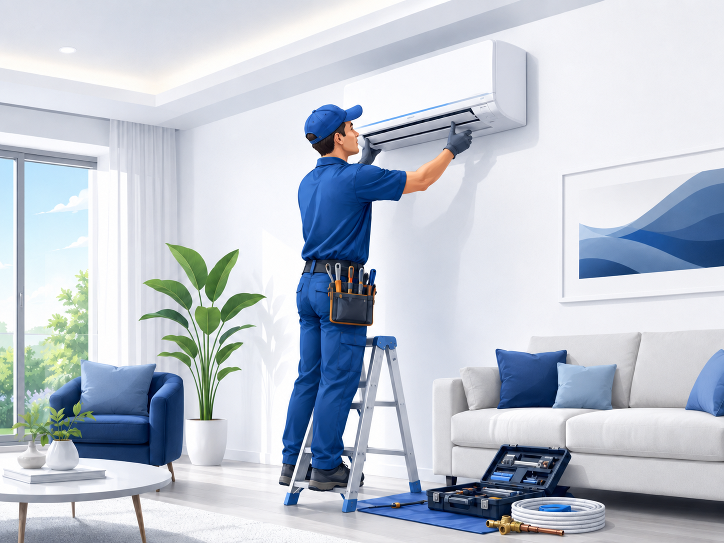 Technicien installant une unité intérieure de climatisation dans un salon moderne.