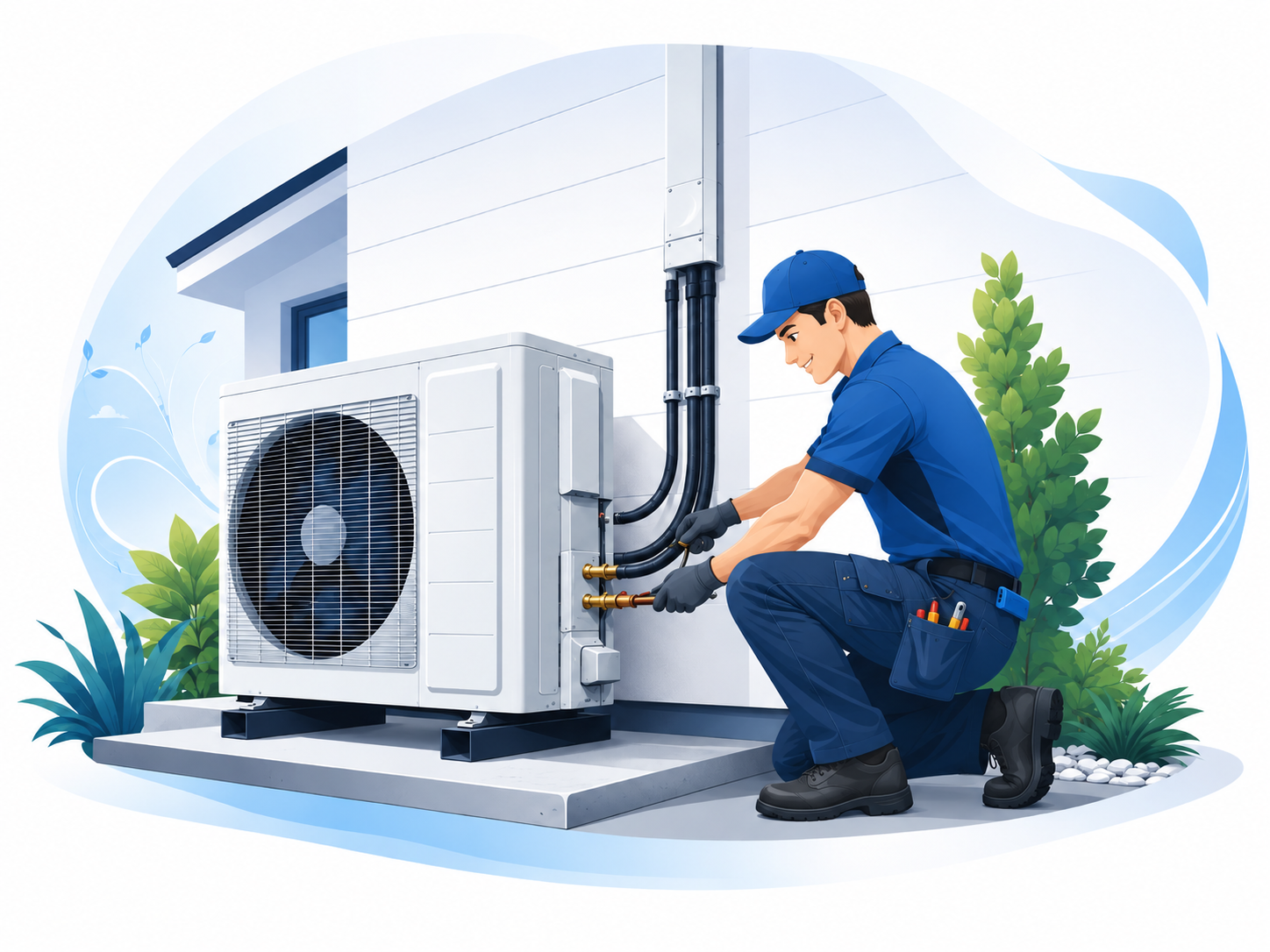 Technicien réalisant le raccordement de l’unité extérieure de climatisation à l’extérieur d’une maison.